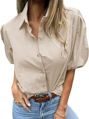 61uQqhK6U3L._AC_SY445_.jpg Tankaneo Women's Button Down Shirts Short Puff Sleeve Collared Dressy Casual Blouse Tops