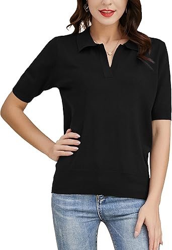 71tS9Cpji1L._AC_SX342_.jpg Kate Kasin Women Short Sleeve Polo Sweater V Neck Knitted Tops Casual Ribbed Shirt Loose Pullover Sweater
