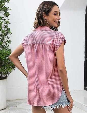 81B18YqMOrL._AC_SX342_.jpg LOMON Womens Button Down Shirts Short Cap Sleeve Summer Cotton V Neck Collared Stripes Blouses Casual Plaid Tops
