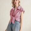 81QZaErserL._AC_SX342_.jpg LOMON Womens Button Down Shirts Short Cap Sleeve Summer Cotton V Neck Collared Stripes Blouses Casual Plaid Tops