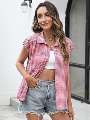 81jpWBxnGL._AC_SX342_.jpg LOMON Womens Button Down Shirts Short Cap Sleeve Summer Cotton V Neck Collared Stripes Blouses Casual Plaid Tops
