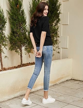 81qO-ANrzDL._AC_SX342_.jpg Kate Kasin Women Short Sleeve Polo Sweater V Neck Knitted Tops Casual Ribbed Shirt Loose Pullover Sweater