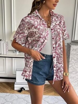 91gqqlSZMmL._AC_SY445_.jpg Zeagoo Women Linen Button Down Shirt Rolled Cuffed Short Sleeve Blouse Ladies Summer Casual V Neck Beach Cotton Tops