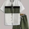 1a402827-18a5-4e79-9607-fb987e02f58e.jpg Men's Summer Stand Collar Color Block Shirt & Drawstring Shorts 2-Piece Set – Green & White