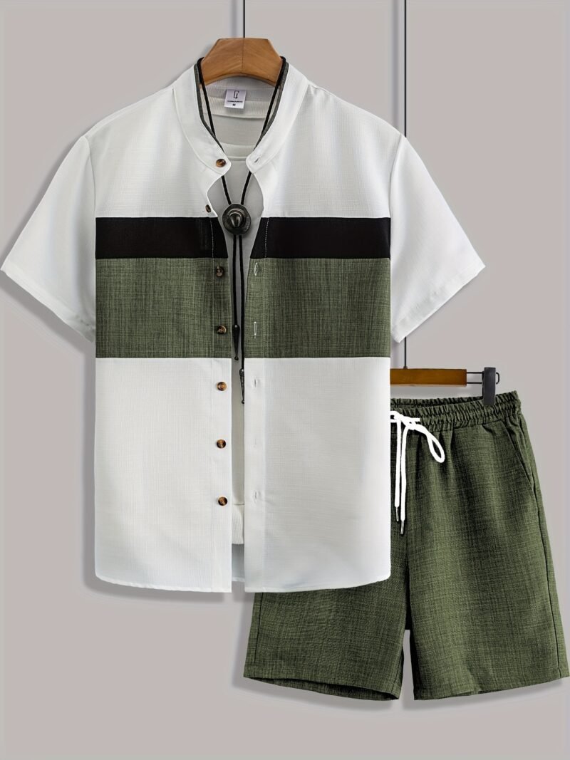 1a402827-18a5-4e79-9607-fb987e02f58e.jpg Men's Summer Stand Collar Color Block Shirt & Drawstring Shorts 2-Piece Set – Green & White