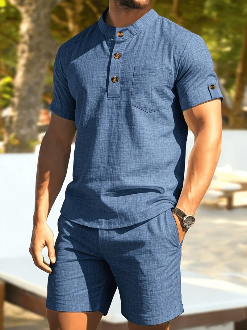 9914b393-ac5e-407a-a01f-85a441d6c77a.jpg Men's Minimalist Button-Up Short Sleeve Shirt & Shorts 2-Piece Set