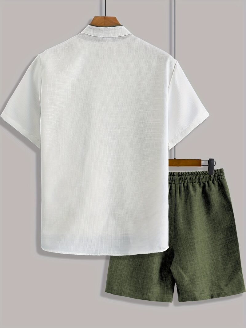 9d87c7ff-9add-4d21-8016-8d1401055696.jpg Men's Summer Stand Collar Color Block Shirt & Drawstring Shorts 2-Piece Set – Green & White